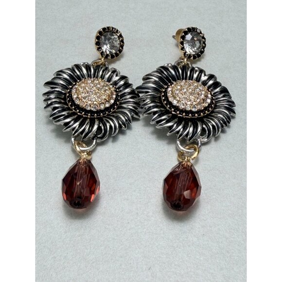 ZARA Sunflower Rhinestone Drop Earrings Burgundy Crystal NWOT - Picture 7 of 7